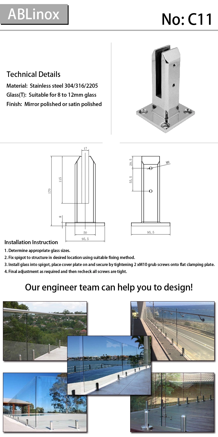 Ablinox Precision Casting Swimming Pool Project CNC Machining Market Stair Stainless Steel Floor Stand Balustrade Holder Glass Door Railing Hinge Holding Clamp