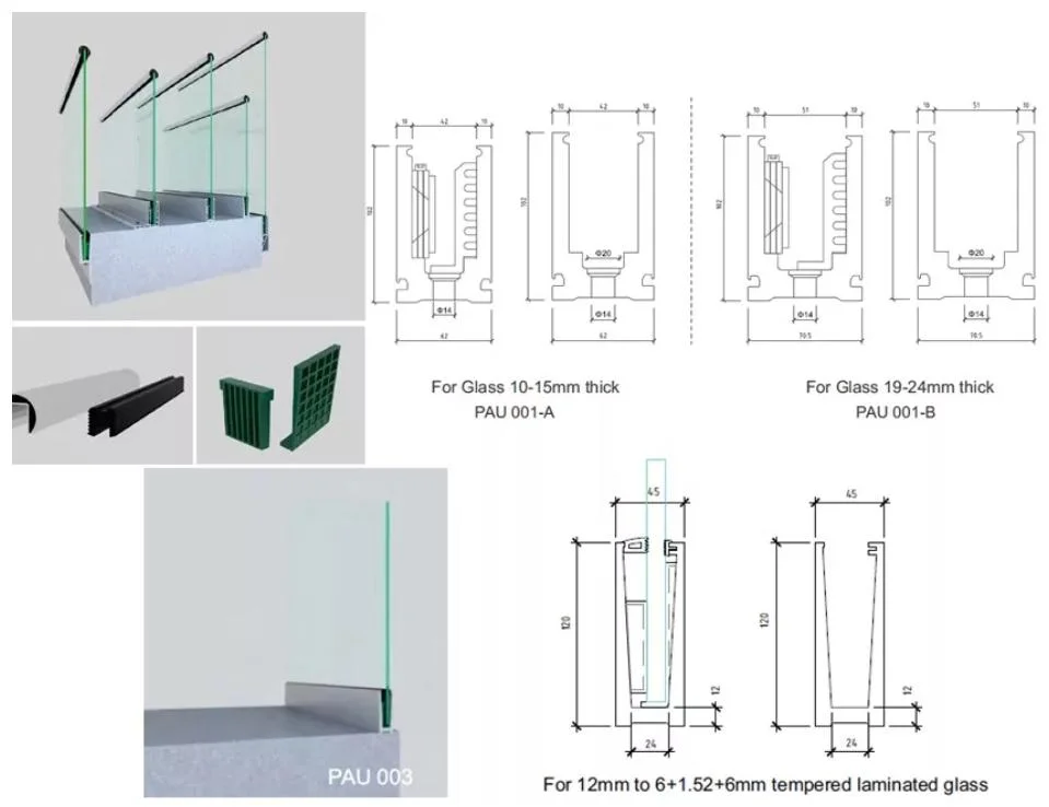 Exterior LED Light Aluminum Glass Balustrade U Channel Glass Railing for Decks Balcony